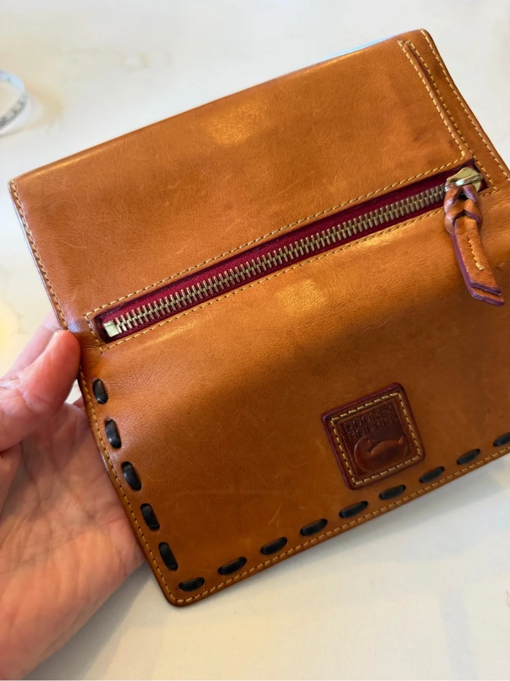 Dooney & Bourke Cognac Leather Tri Fold Wallet with Whipstitch Trim